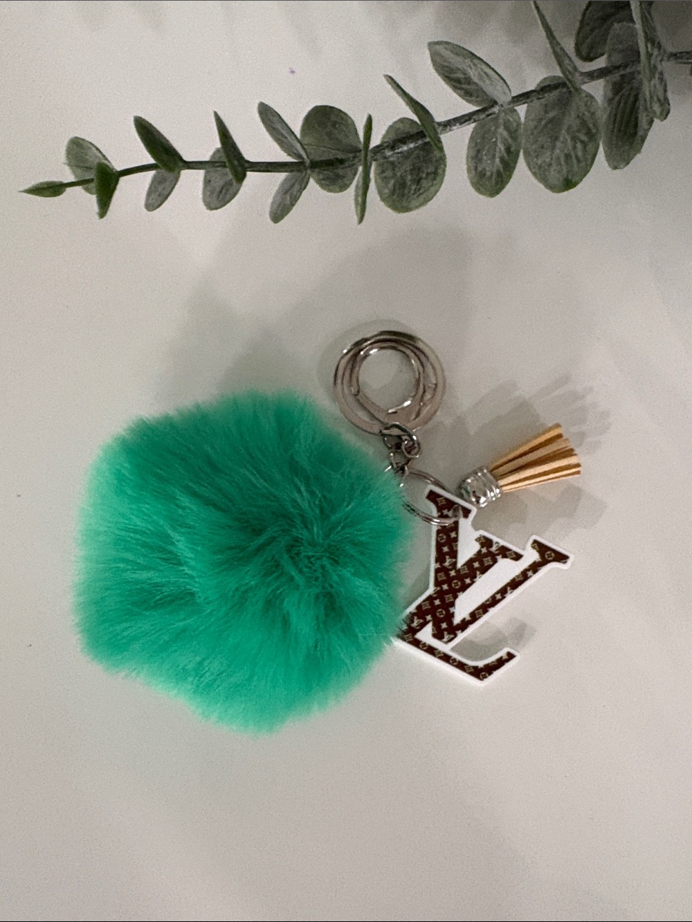 Green Fur Pom Pom Key & Monogram Charm